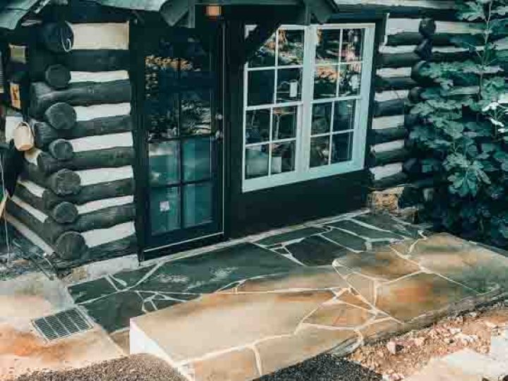 blue stone installed on a house cabin's front steps